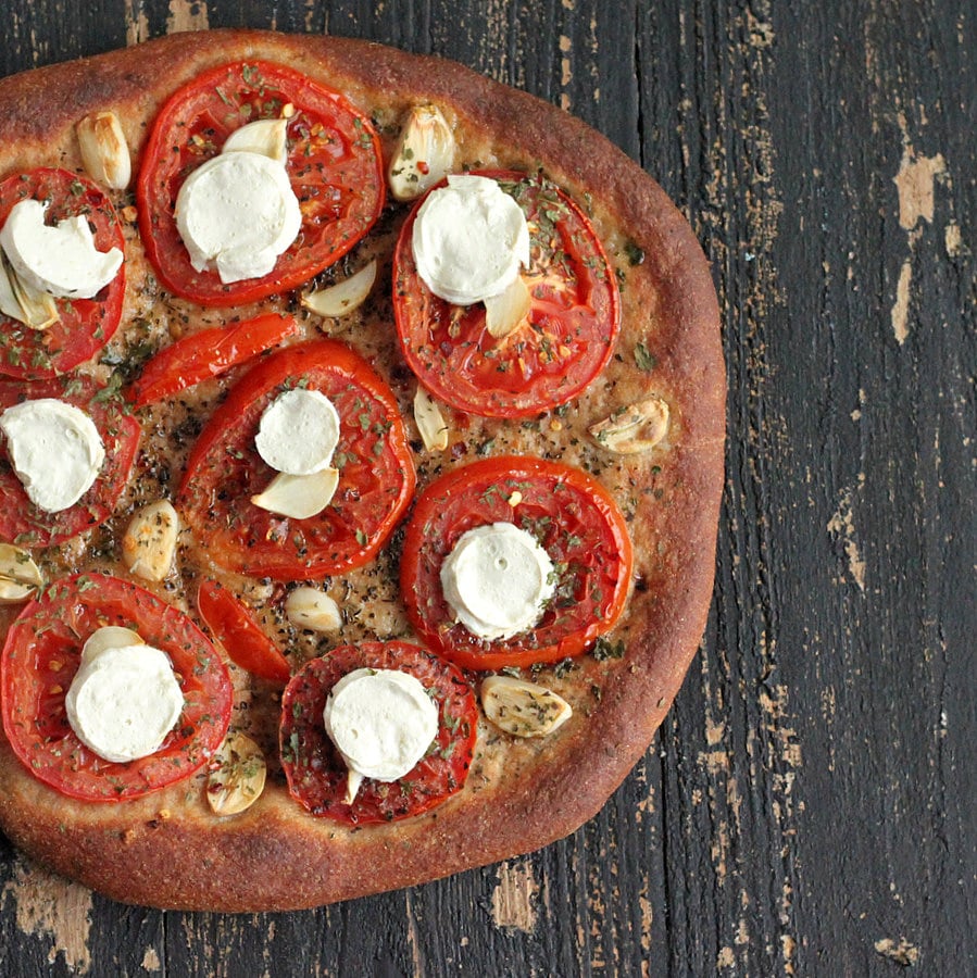 Tomato Garlic Coconut Mozzarella Pizza on Wheat Crust | Vegan Richa