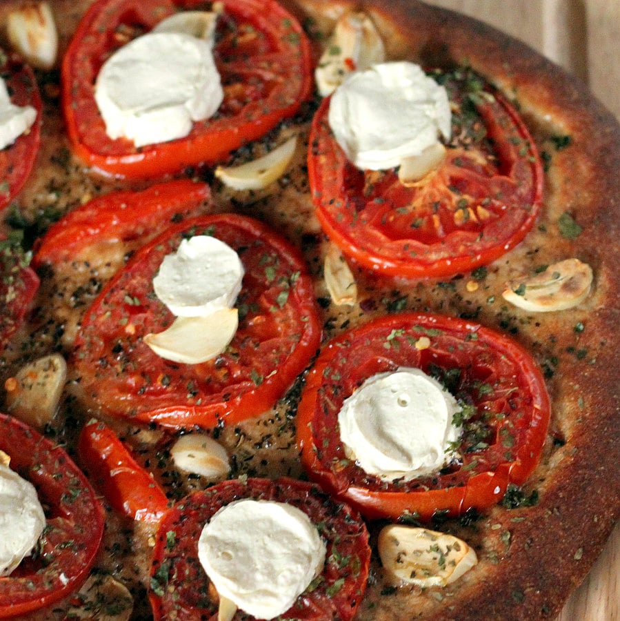 Tomato Garlic Coconut Mozzarella Pizza on Wheat Crust | Vegan Richa