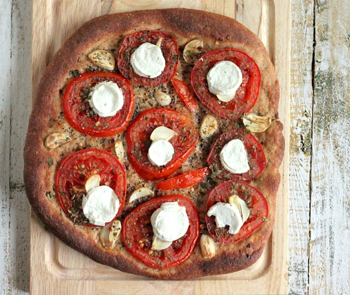 Tomato Garlic Coconut Mozzarella Pizza on Wheat Crust | Vegan Richa