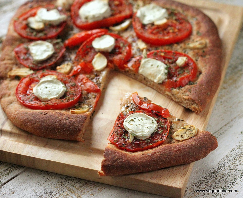 Tomato Garlic Coconut Mozzarella Pizza on Wheat Crust | Vegan Richa