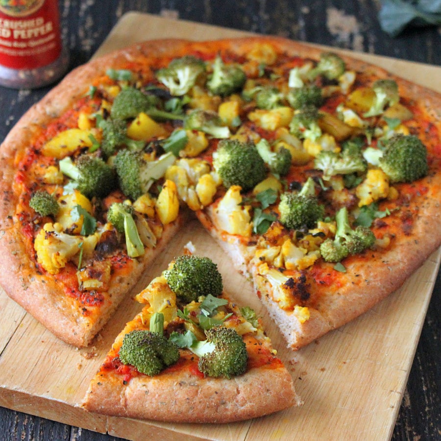 Gobi Aloo Broccoli Pizza - Spicy Cauliflower Potatoes on Wheat semolina crust