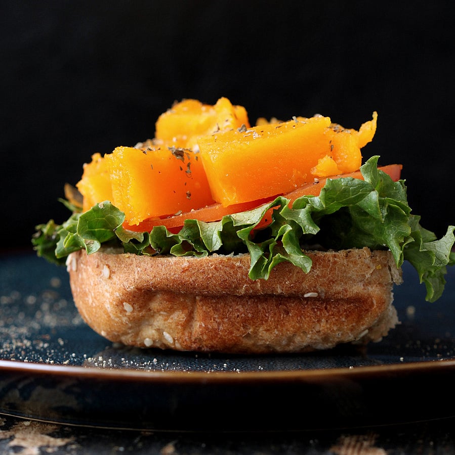 Roasted Butternut Squash Slider with Balsamic Caramelized onions, Sriracha Mayo. Vegan Richa