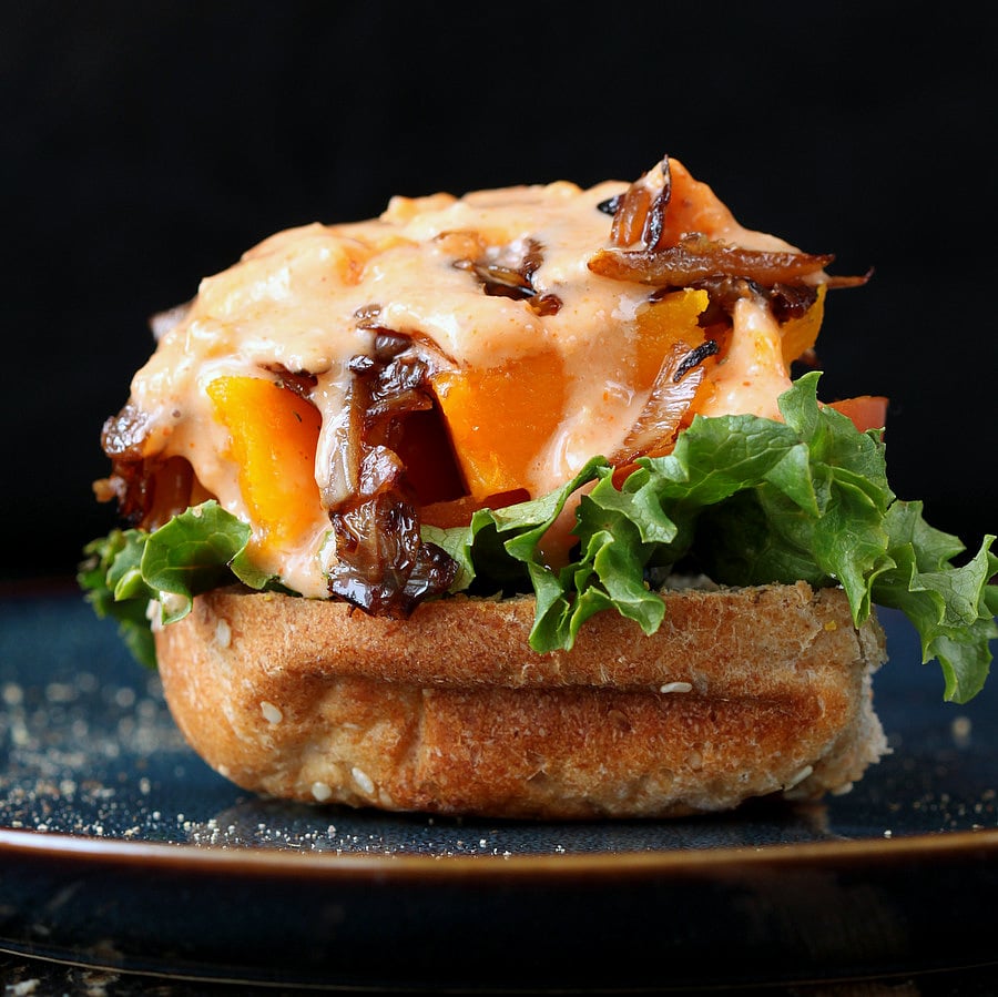 This Roasted Butternut squash slider has balsamic caramelized onions and sriracha mayo. | VeganRicha.com #vegan #burger #slider