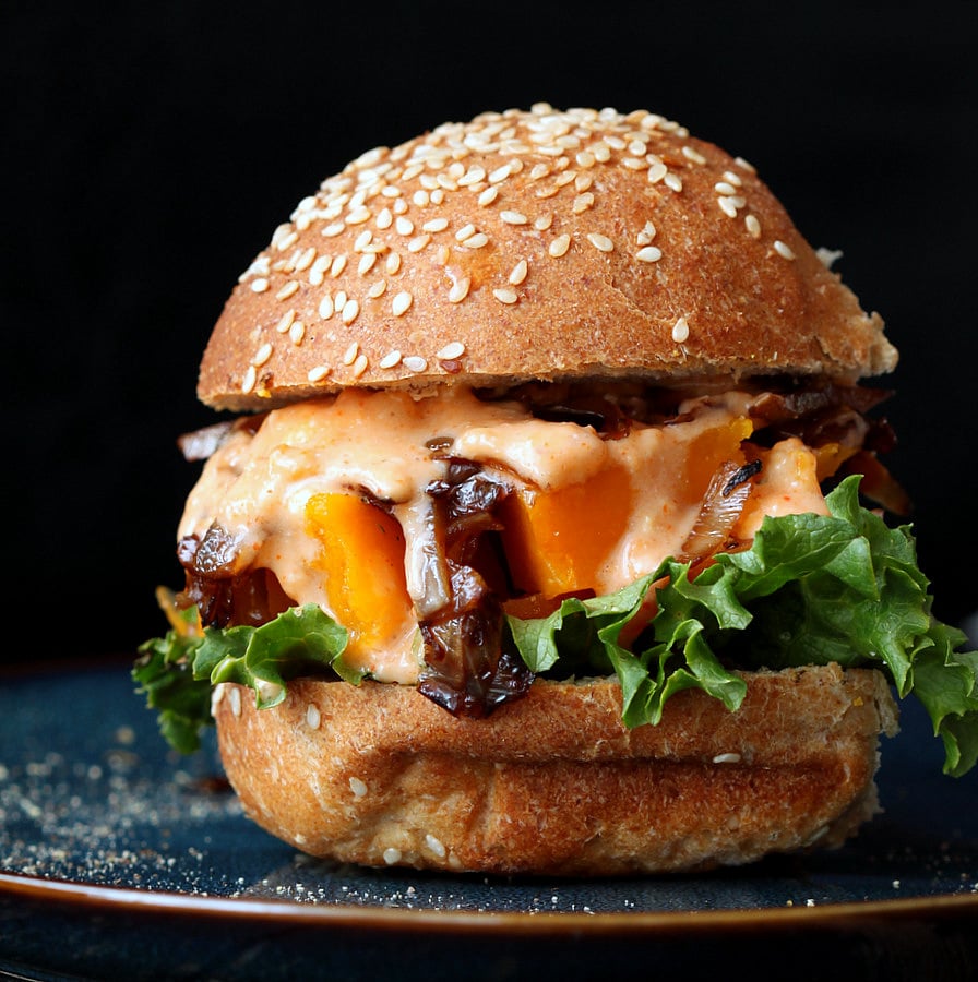 This Roasted Butternut squash Slider has balsamic Caramelized onions and Sriracha mayo. | VeganRicha.com #vegan #burger #slider
