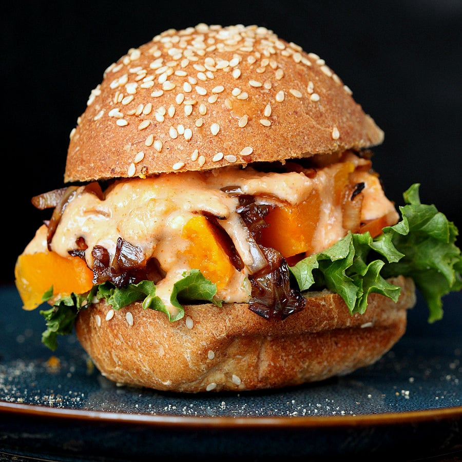 This Roasted Butternut squash Slider has balsamic caramelized onions and sriracha mayo. | VeganRicha.com #vegan #burger #slider