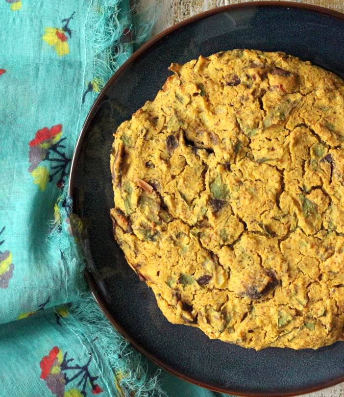 Vegan Soyfree Frittata with Mushroom Chard Shallots and Almond Feta. Chickpea flour frittata. Dairy-free Savory breakfast recipe. No Tofu. | VeganRicha.com #vegan #glutenfree #breakfast