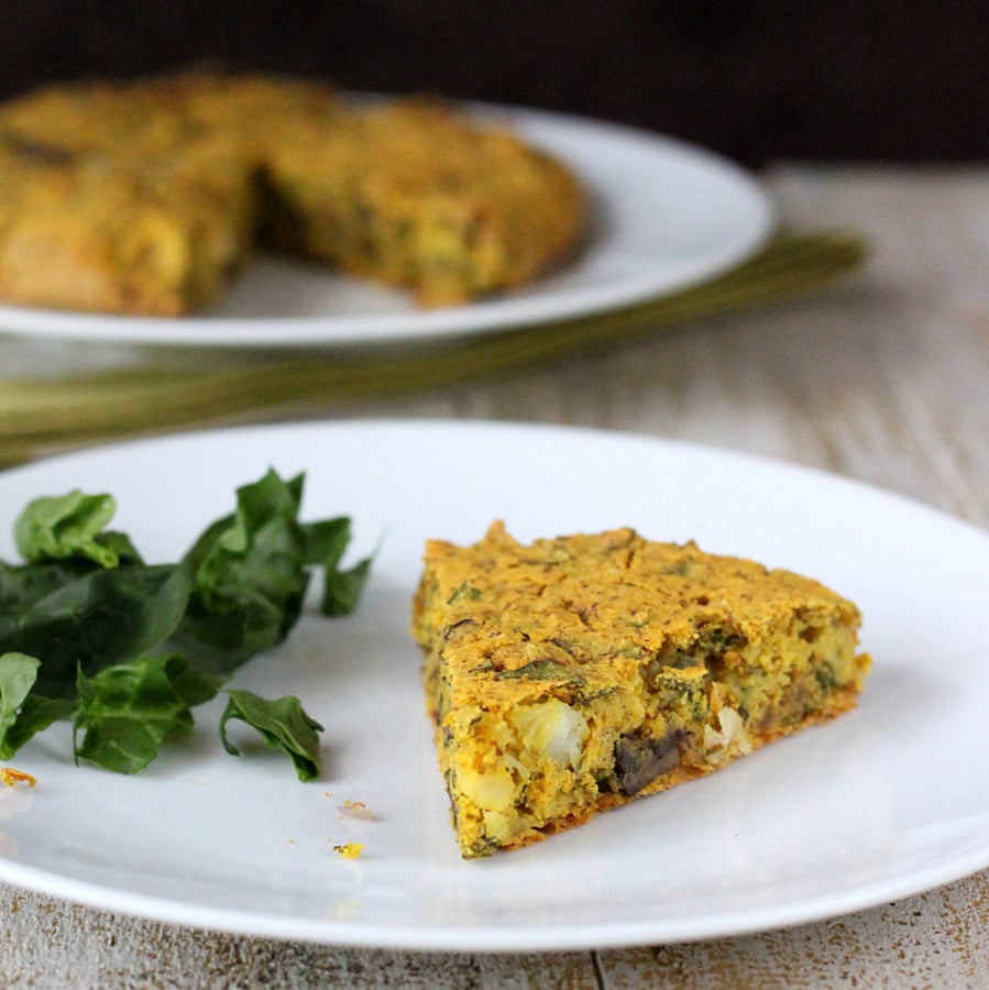 Vegan Soy free Frittata with Mushroom Chard Shallots and Almond Feta. Chickpea flour frittata. Dairy-free Savory breakfast recipe. No Tofu. | VeganRicha.com #vegan #glutenfree #breakfast