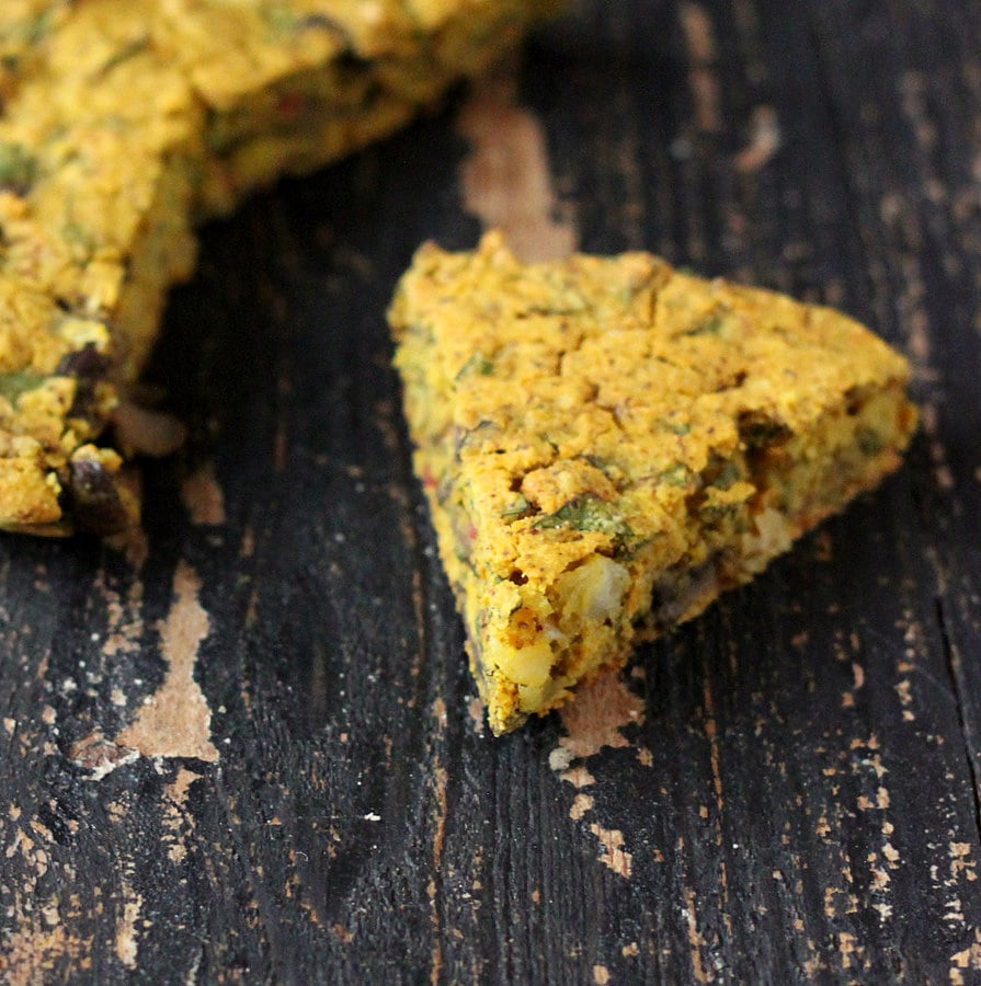 Vegan Soy free Frittata with Mushroom Chard Shallots and Almond Feta. Chickpea flour frittata. Can be made into a Quiche. Dairy-free Savory breakfast recipe. No Tofu. | VeganRicha.com #vegan #glutenfree #breakfast