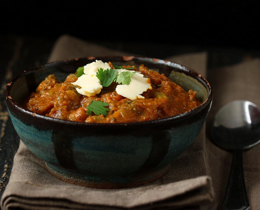 Black Eyed Pea Pumpkin Chard Chili. Black eyed peas, pumpkin puree, herbs and spices make this a warming fall chili.