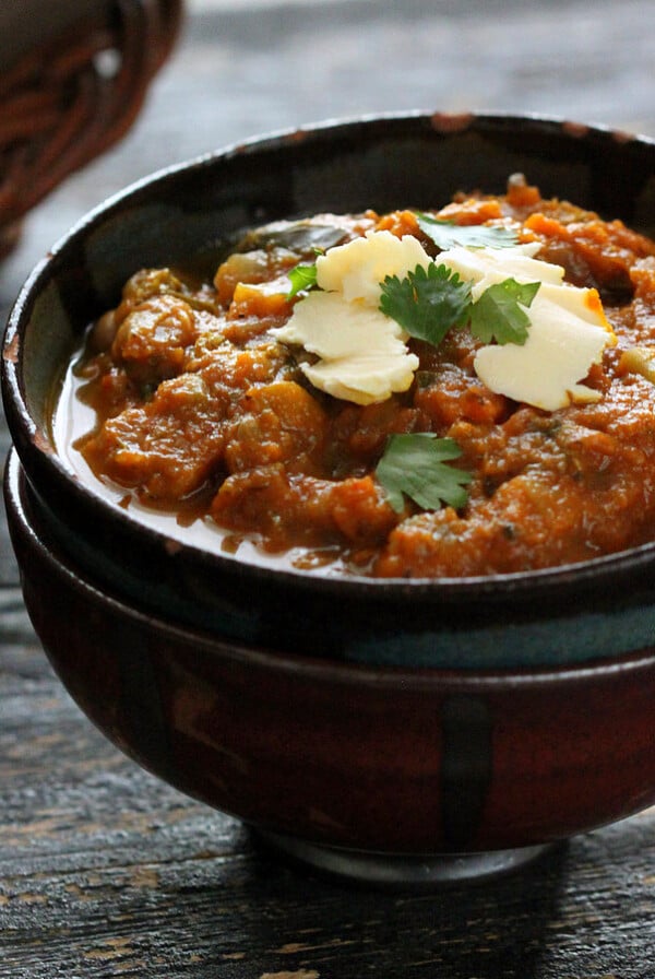 Black Eyed Pea Pumpkin Chard Chili. Black eyed peas, pumpkin puree, herbs and spices make this a warming fall chili. Vegan Gluten-free Soy-free Recipe