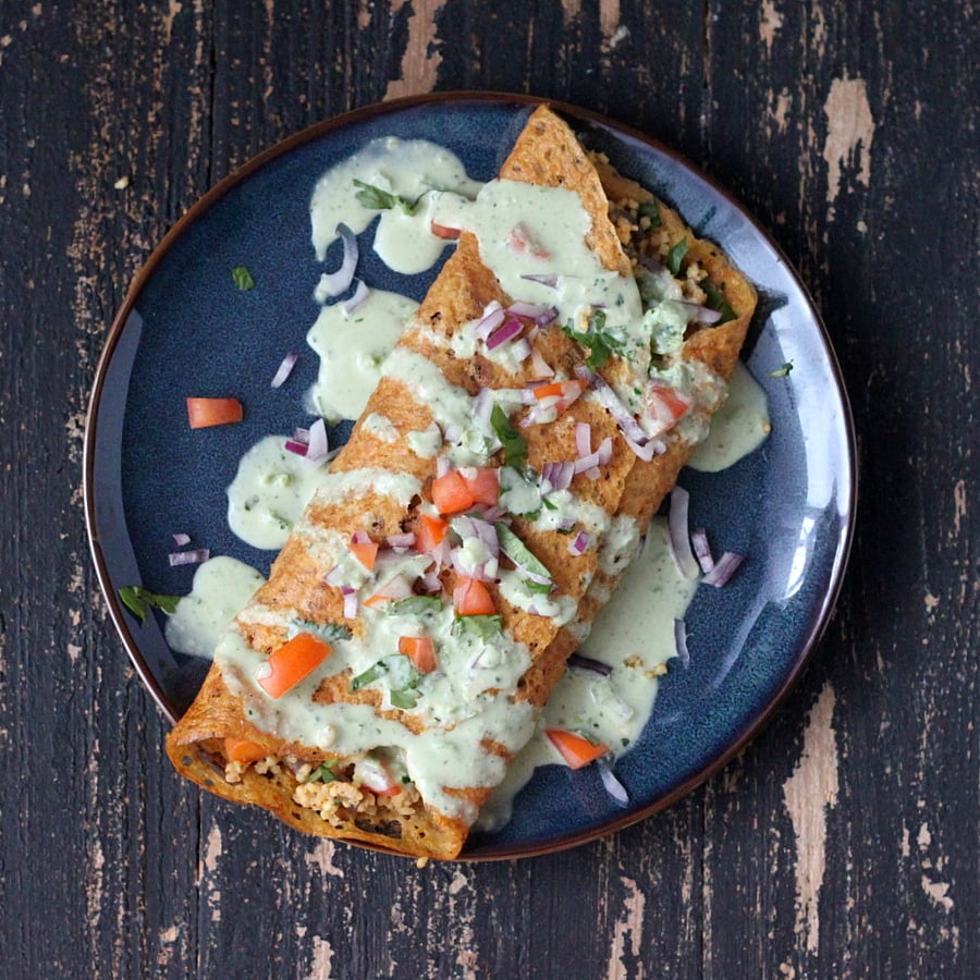 Sweet Potato Crepes stuffed with smoky Millet and onions