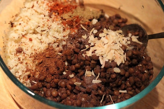 lentil cauliflower burger mix in a glass bowl
