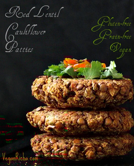 stack of three red lentil cauliflower burger patties with text overlay