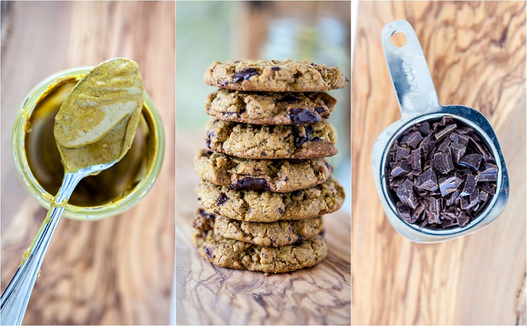 An easy Pistachio Cookies recipe with pistachio butter as the main ingredient and chocolate chunks for extra good flavor! Vegan, Gluten Free. pistachio butter in glass jar, stack of pistachio cookies, dark chocolate chunks