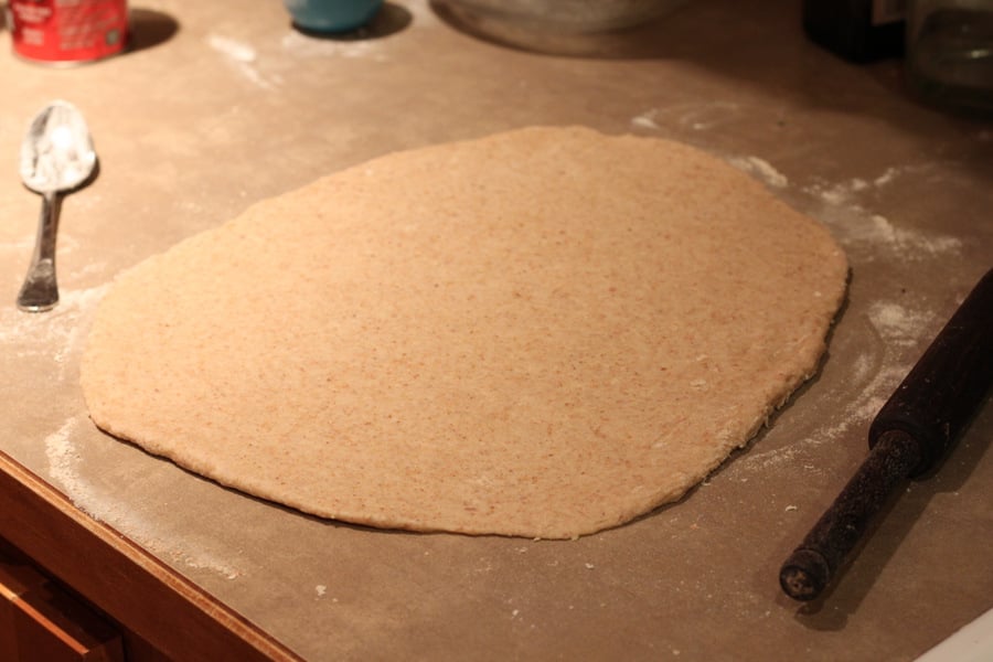 vegan cinnamon rolls  easy vegan cinnamon roll dough rolled into a big rectangle for making buns