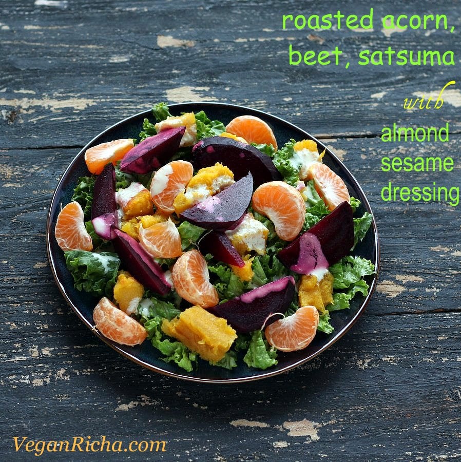 Roasted Acorn, Beet, Satsuma, Kale Salad with Almond Sesame dressing | Vegan Richa