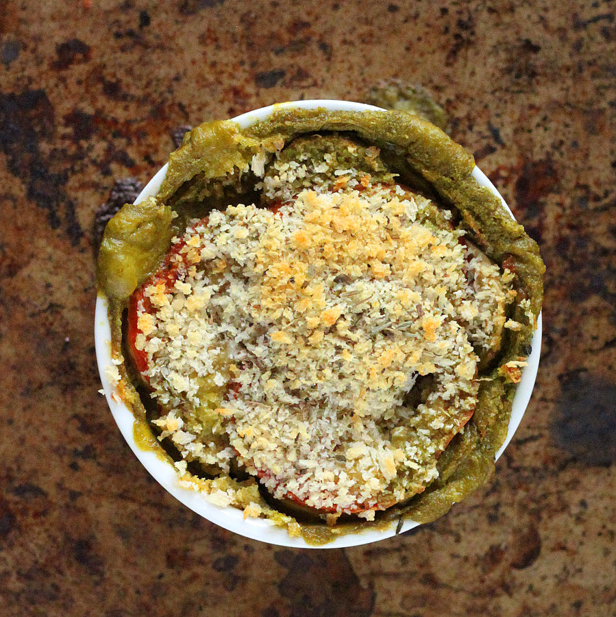 Alfredo Bake overhead shot of Vegan Sweet Potato Alfredo Bake in a white casserole dish