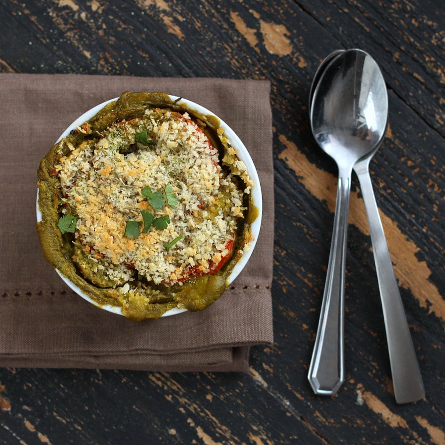 Alfredo bake overhead shot of a single serving of vegan spinach Alfredo bake with two spoons on the side
