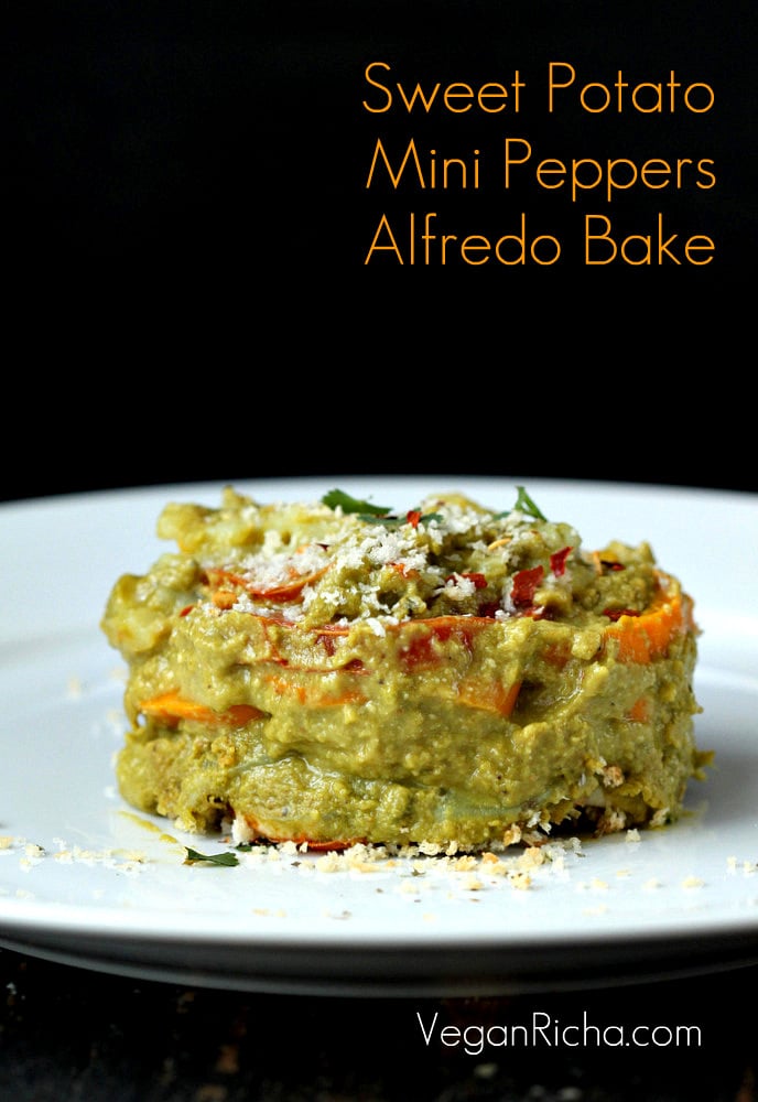 Alfredo bake side view if vegan alfredo bake with spinach cashew cheese sauce, sweet potatoes and yams