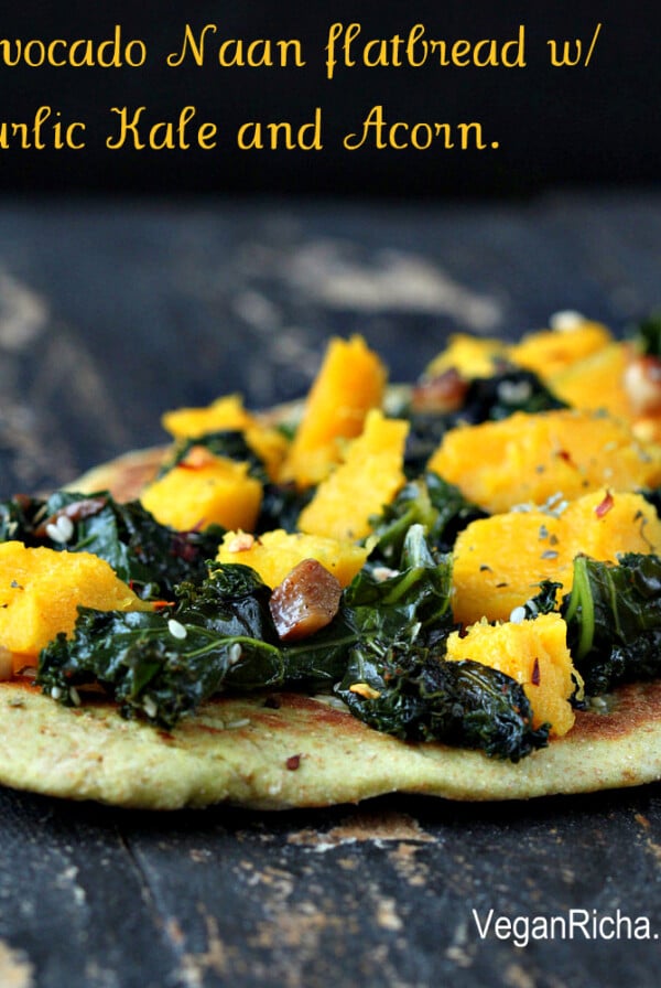 Oil-free Cheesy Avocado Naan flatbread with Garlic Kale and Roasted Acorn. Vegan recipe