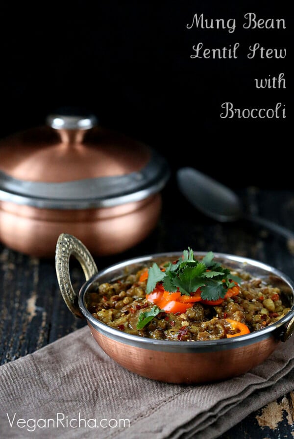Broccoli Dal. Mung Bean and Lentil Stew with Broccoli and Mini Peppers. Sabut Masoor aur Sabut Mung Daal. Vegan Glutenfree soy-free Indian Dahl Recipe Serves 2 to 3