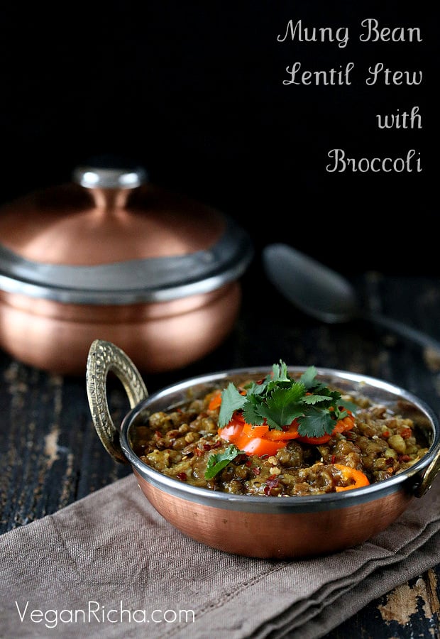 Broccoli Dal. Mung Bean and Lentil Stew with Broccoli and Mini Peppers.| VeganRicha.com