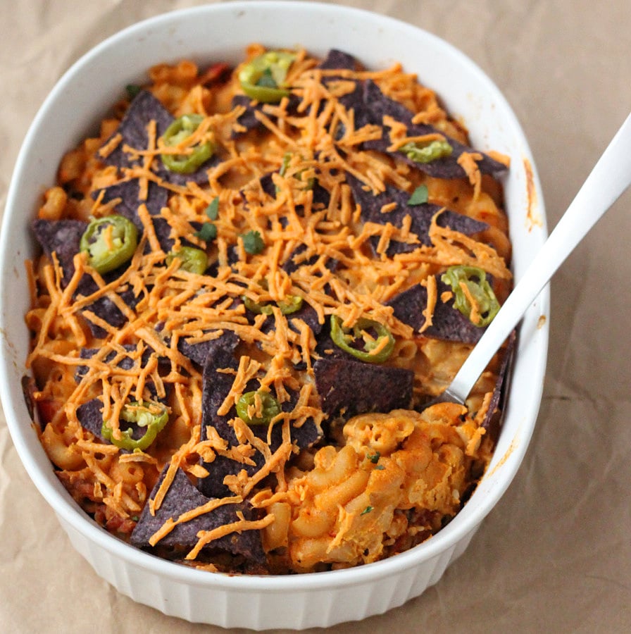Nacho Mac and Cheese Casserole with Taco Tempeh meat. Vegan Recipe. Can be made soy-free with cooked chickpeas or beans instead of Tempeh | VeganRicha.com