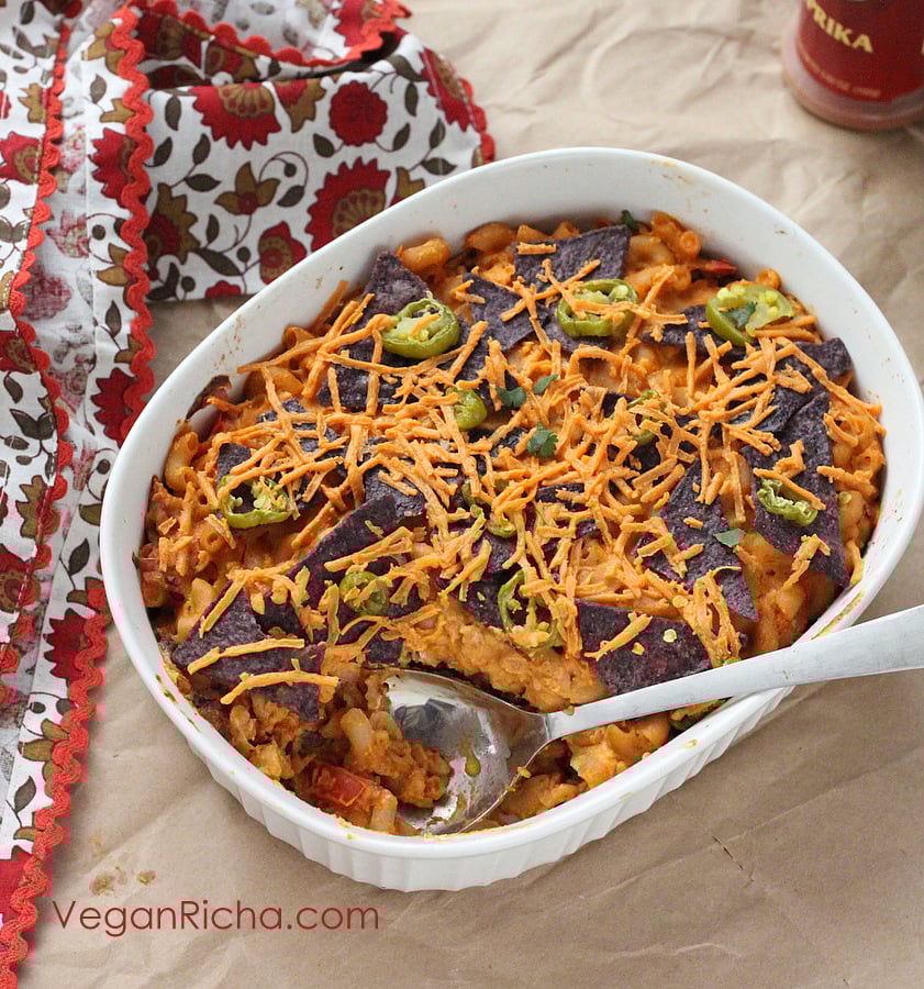 Nacho Mac and Cheese Casserole with Taco Tempeh meat | VeganRicha.com #vegan #nacho #mac