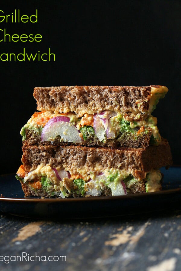 Grilled Nacho Cashew Millet Cheese Sandwich with Roasted Sweet Potato, Pea Pesto. Creamy nacho cheese made with cashews and cooked millet. Makes 2