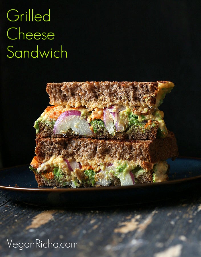 Grilled Nacho Cashew Millet Cheese Sandwich with Roasted Sweet Potato, Pea Pesto | Vegan Richa