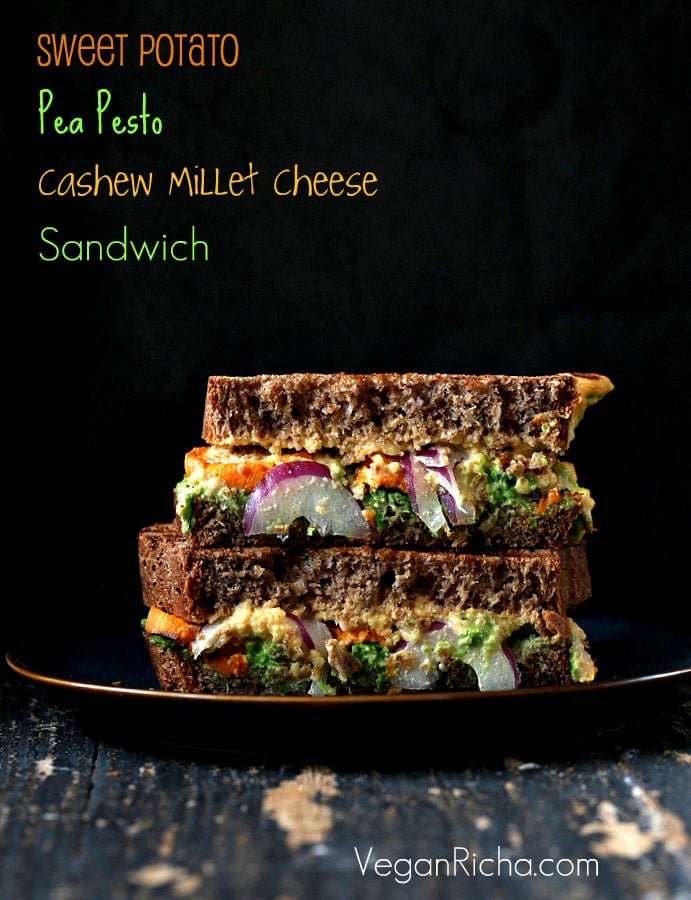 Grilled Nacho Cashew Millet Cheese, roasted Sweet Potato, Pea Pesto Sandwich Vegan Grilled Nacho Cashew Millet Cheese, roasted Sweet Potato, Pea Pesto Sandwich