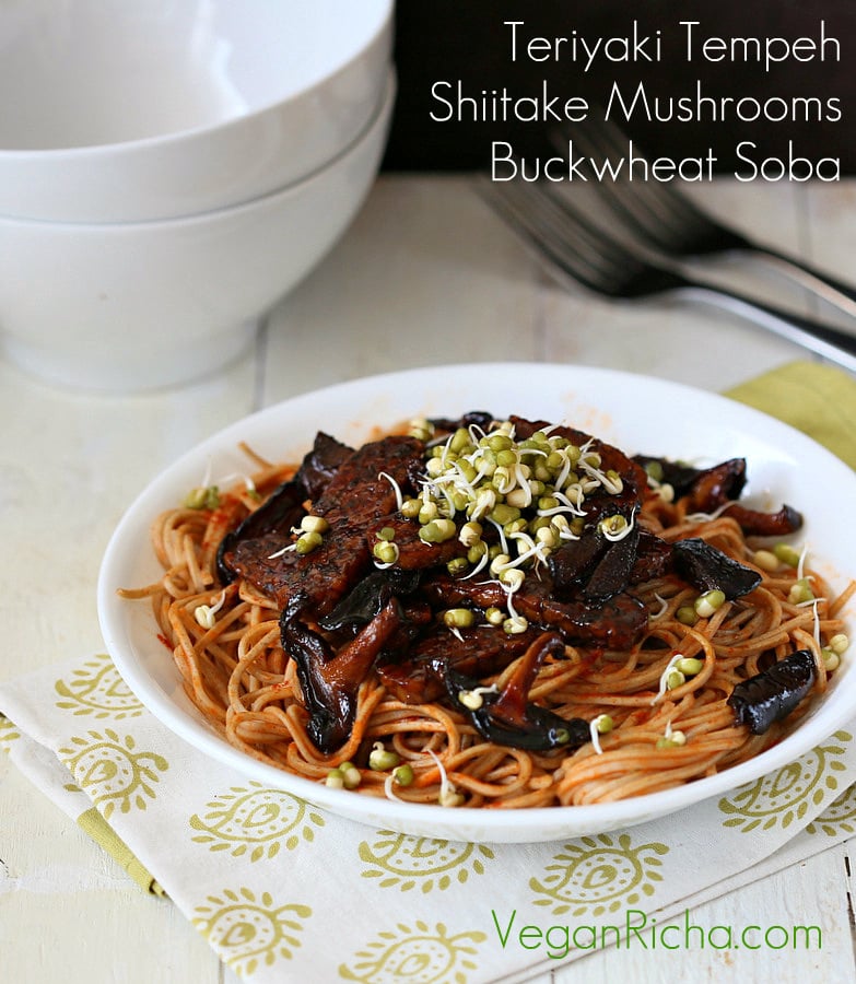 Teriyaki Tempeh with mushrooms and soba noodles. Homemade Vegan Teriyaki Sauce. | VeganRicha.com #vegan #asian #recipe