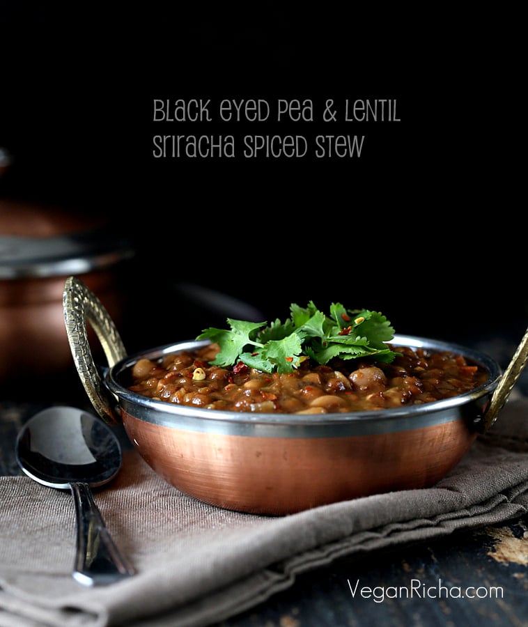 Vegan Black Eyed Pea and Lentil Stew with Sriracha Tadka