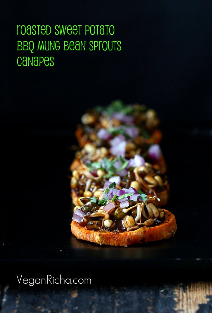 Sweet Potato Canapes with Barbecue Mung Bean Sprouts. Vegan Soyfree BBQ Sauce Recipe