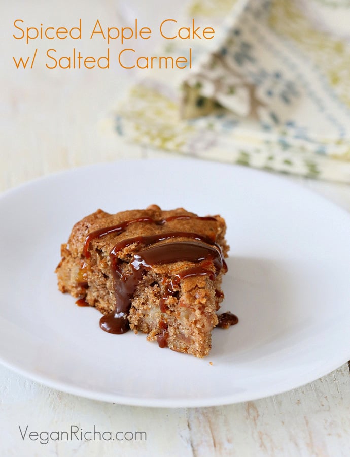 Vegan Spiced Apple Cake with Salted Caramel. Tried tested and loved. All whole grain made with spelt flour and drizzled with salted caramel or date caramel VeganRicha.com