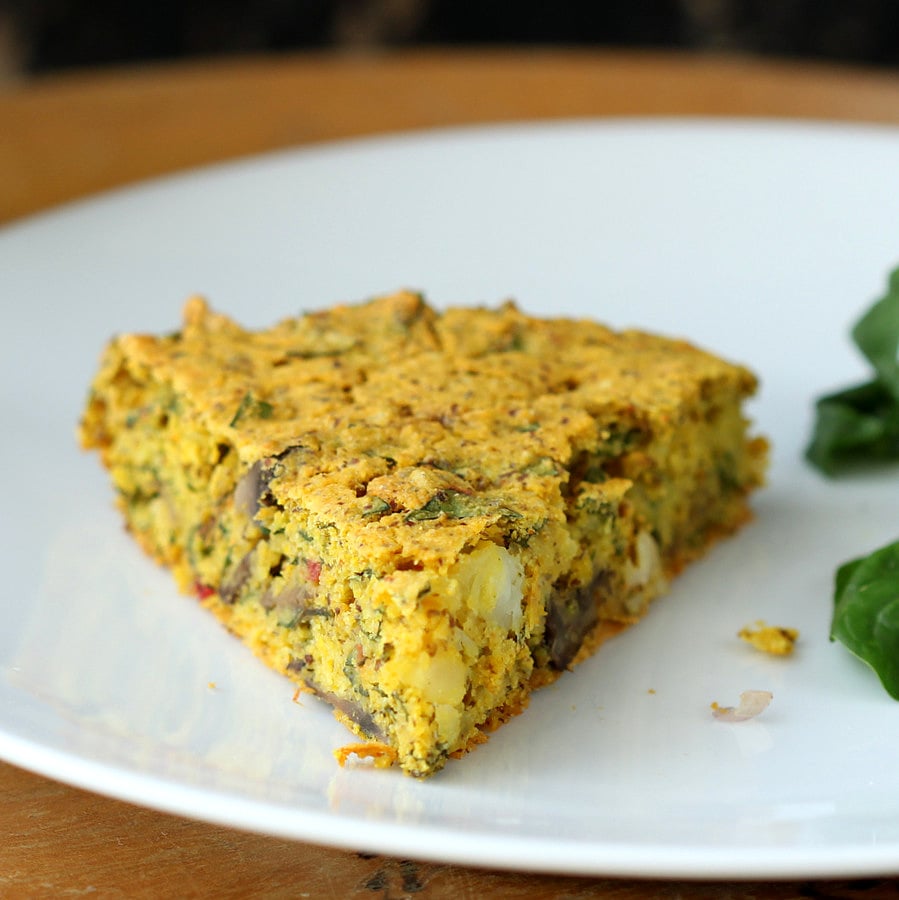 Vegan Soy free Frittata with Mushroom Chard Shallots and Almond Feta. Chickpea flour frittata. Dairy-free Savory breakfast recipe. No Tofu. | VeganRicha.com #vegan #glutenfree #breakfast