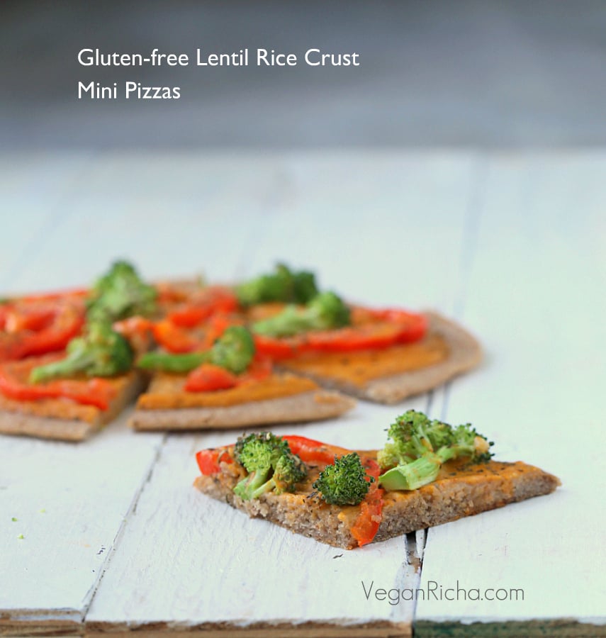 Gluten-free Lentil Rice Crust Pizza with Buffalo Mayo sauce, Red Bell Peppers and Broccoli. Vegan