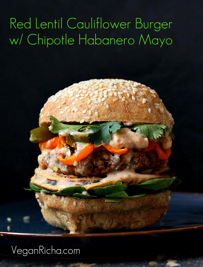 loaded red lentil cauliflower burger on a blue plate with text overlay