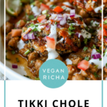 tikki chole in a bowl, text overlay