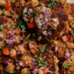 close-up of tikki chole in a bowl before topping