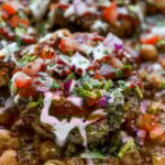 extreme close-up of the potato patty with toppings