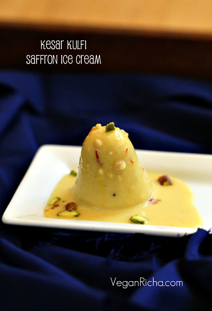 Kesar Kulfi Recipe - Saffron Cream Popsicles. Vegan Kulfi with saffron, coconut milk, cashews and starch | VeganRicha.com #vegan #dairyfree #kulfi
