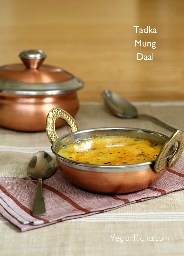 Mom's Simple Moong Dal Recipe is spiced with green chilies and garlic and makes for a light weeknight Dahl soup | VeganRicha.com #vegan #glutenfree #Indian