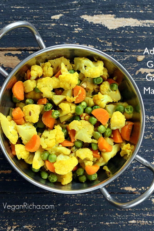 Adraki Gobi Gajar Matter - Cauliflower Carrots Peas cooked with ginger and cumin seeds.