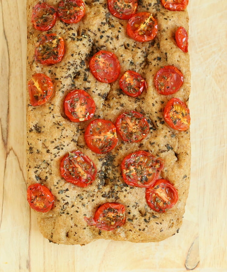 100% Whole Grain Tomato Basil Focaccia. Whole Wheat Tomato Basil Foaccia bread Recipe. Use other herbs like rosemary or thyme | https://veganricha.com #vegan #bread #focaccia