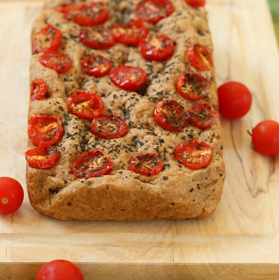 100% Whole Grain Tomato Basil Focaccia. Whole Wheat Tomato Basil Foaccia bread Recipe. Use other herbs like rosemary or thyme | https://veganricha.com #vegan #bread #focaccia