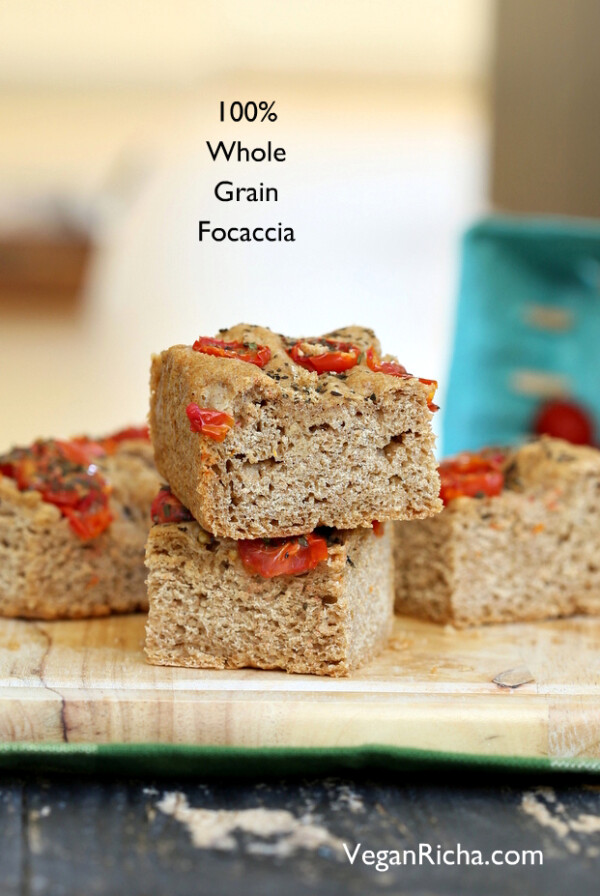 100% Whole Grain Tomato Basil Focaccia. Whole Wheat Tomato Basil Foaccia bread Recipe. Use other herbs like rosemary or thyme. Vegan Soy-free Recipe Makes a 9 by 5 inch 1.5 inch thick focaccia #glutenfree #veganricha #vegan