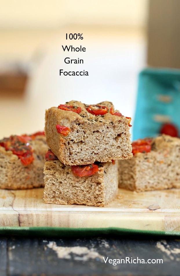 100% Whole Grain Tomato Basil Focaccia. Whole Wheat Tomato Basil Foaccia bread Recipe. Use other herbs like rosemary or thyme | https://veganricha.com #vegan #bread #focaccia