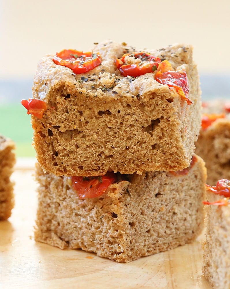 100% Whole Grain Tomato Basil Focaccia. Whole Wheat Tomato Basil Foaccia bread Recipe. Use other herbs like rosemary or thyme | https://veganricha.com #vegan #bread #focaccia