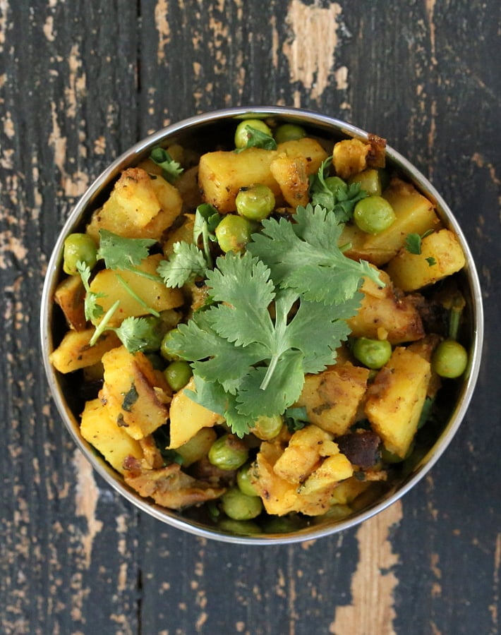 Dhania Waale Aloo Mattar - Potato Pea stir fry with crisp Cilantro